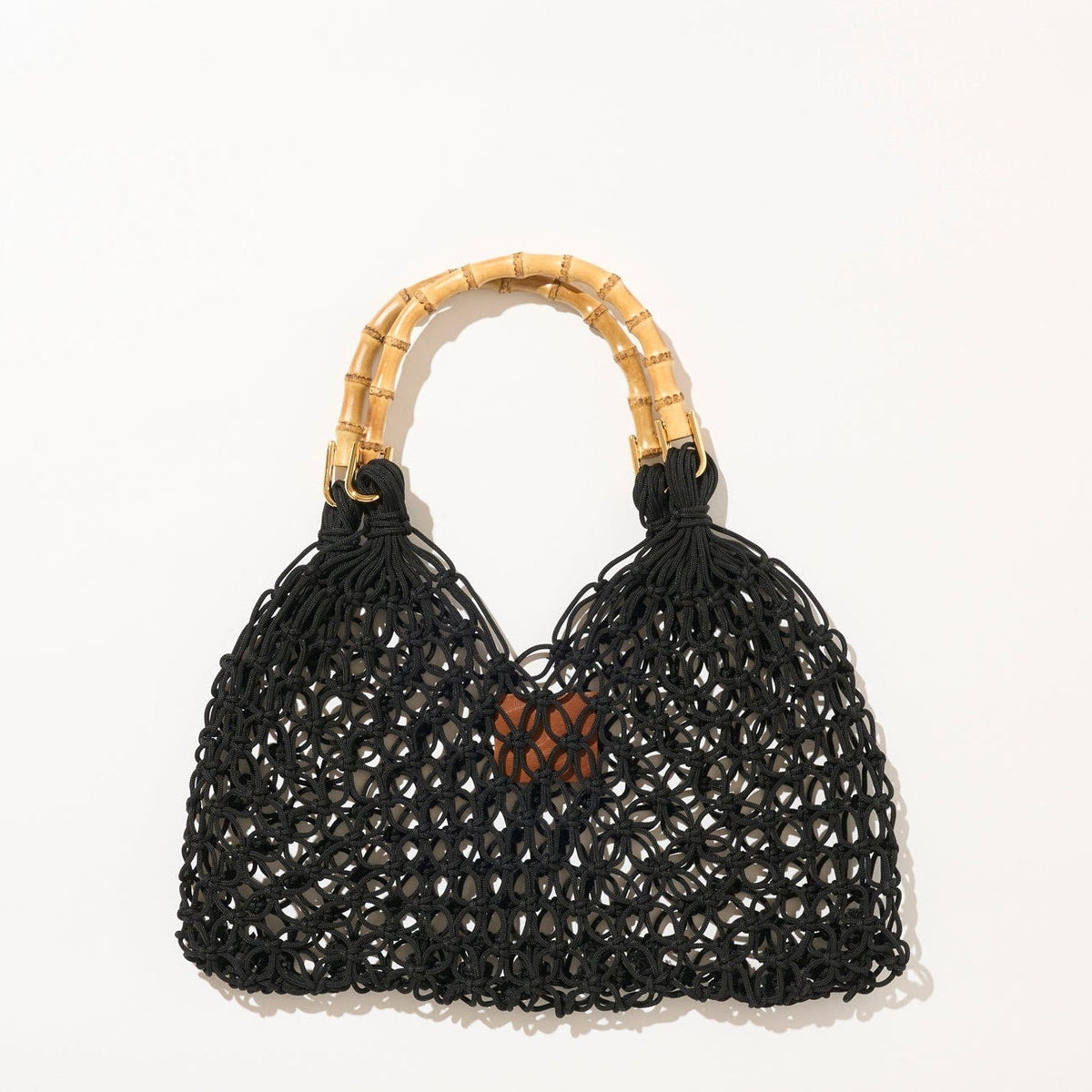 ズパゲッティバック　ブラック　インド刺繍テープ付きバンブーハンドル V CUT WOVEN BAMBOO HANDLE BAG MEDIUM BLACKブイカット ウーブン